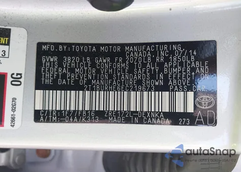 2014 Toyota Corolla Le z USA, uszkodzony, nr VIN 2T1BURHE6EC219673